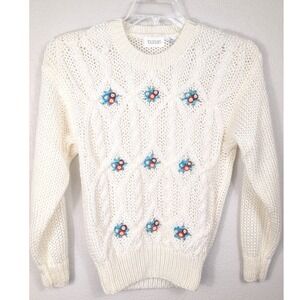 Toujours Sweater M Cream Vintage 80s Floral Embroidered Cable Knit Cottagecore
